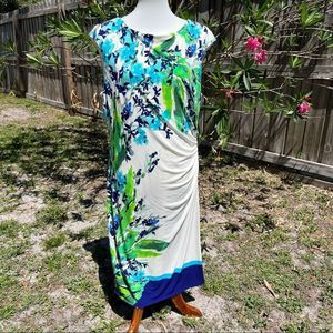 Lauren Ralph Lauren Ladies Pretty Blue Green Floral Ruched Sleeveless Dress 18